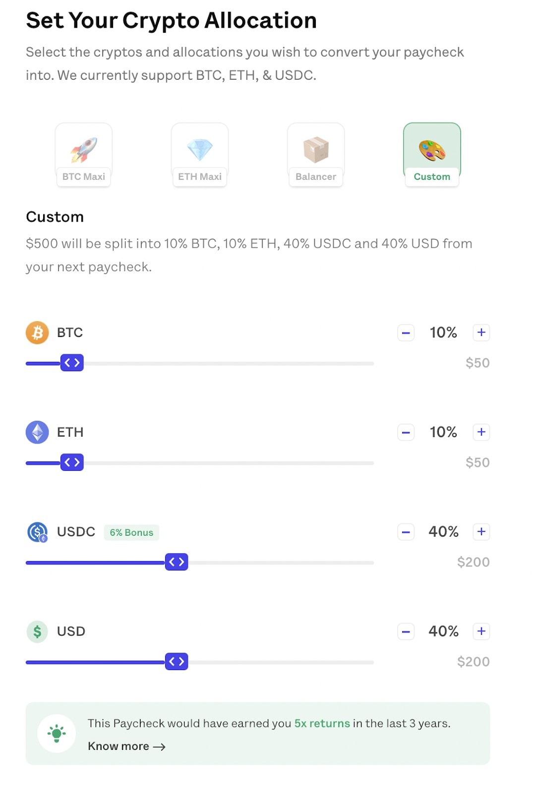 OnJuno crypto allocation settings.